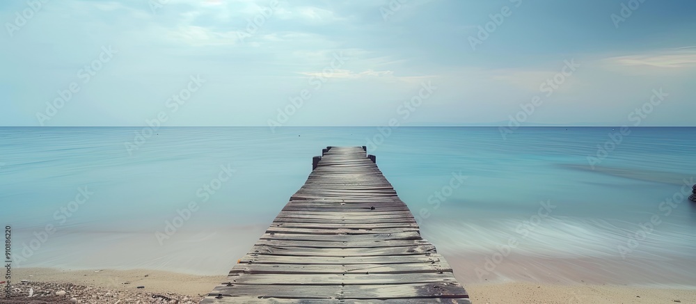 Poster a wooden pier on the beach with clear space for an image. creative banner. copyspace image