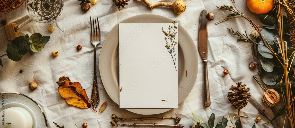 Poster a festive celebration table arrangement with card placeholders dry branches and a blank card mockup 