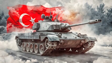Using a street tank, this watercolor picture honors Turkey's National Unity Day and Democracy.