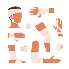 bandaged limbs. cartoon flat injured skin and procedures of bandaging collection, first aid for wound help for human emergency hand trauma. vector cartoon set of isolated objects.