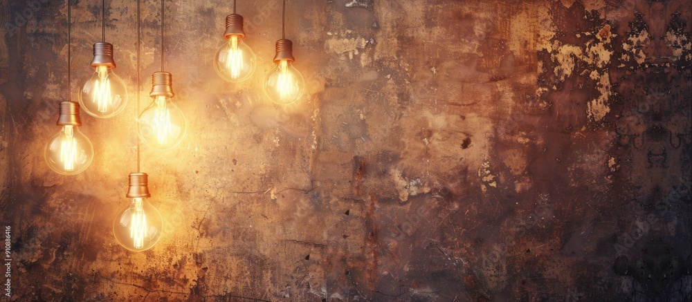 Poster vintage light bulbs on a wall with copy space image convey an idea and teamwork concept
