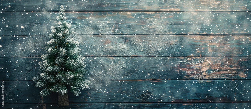 Poster grunge style toned christmas fir tree on a dark wooden board with copy space image
