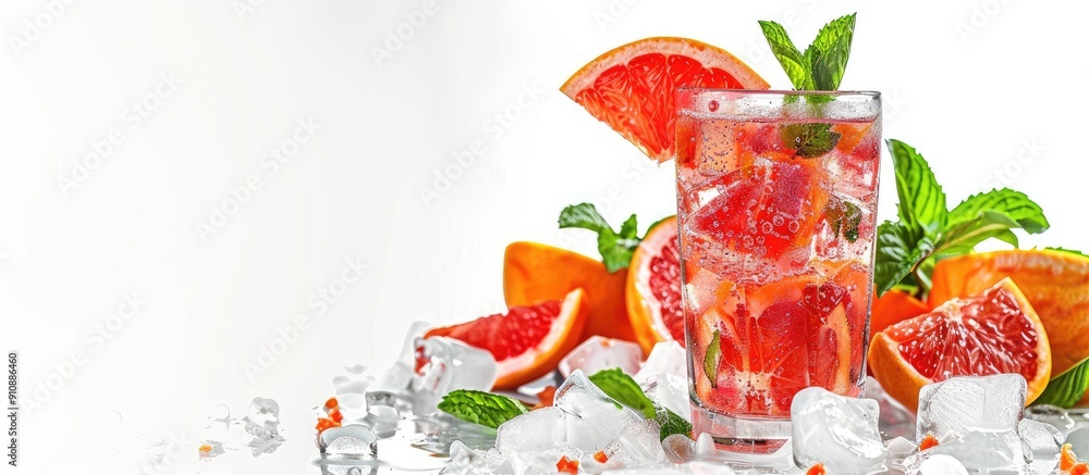 Aufkleber Red drink with ice grapefruit and mint on a white background suitable for including text or design in the empty area. Creative banner. Copyspace image