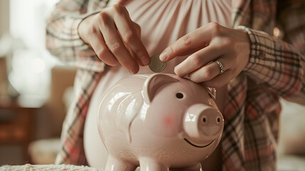 Pregnant woman with partner inserting coin into piggy bank, preparing for future expenses