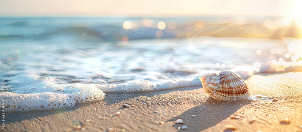 Poster Seashell on sandy beach with waves and sunlight in background Creative set up for text Reflects vacation idea Copy space image