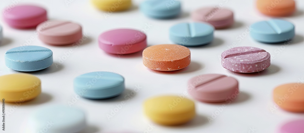 Poster a medication and healthcare concept with a variety of colorful drug tablets placed on a white backgr