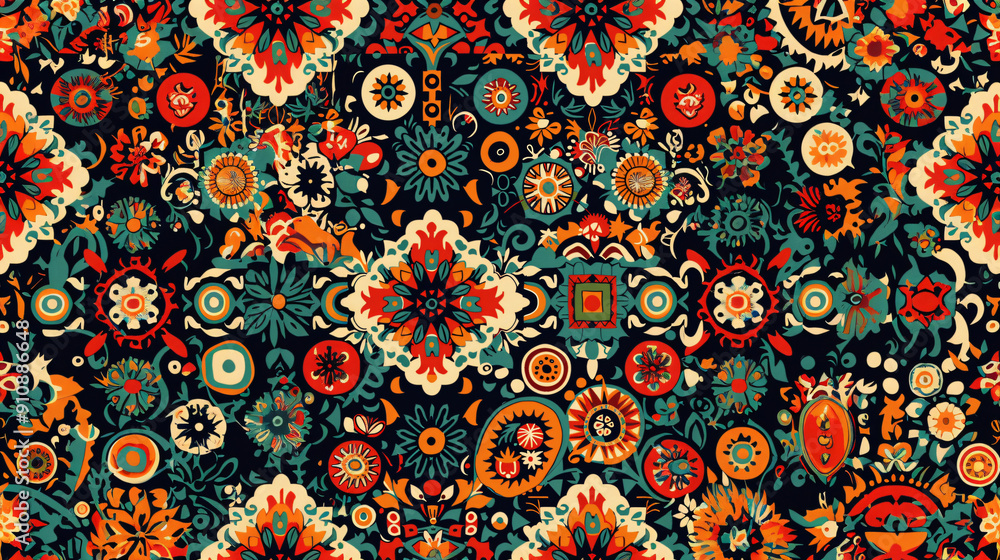 Poster seamless vector pattern with vibrant floral and geometric elements on a dark background