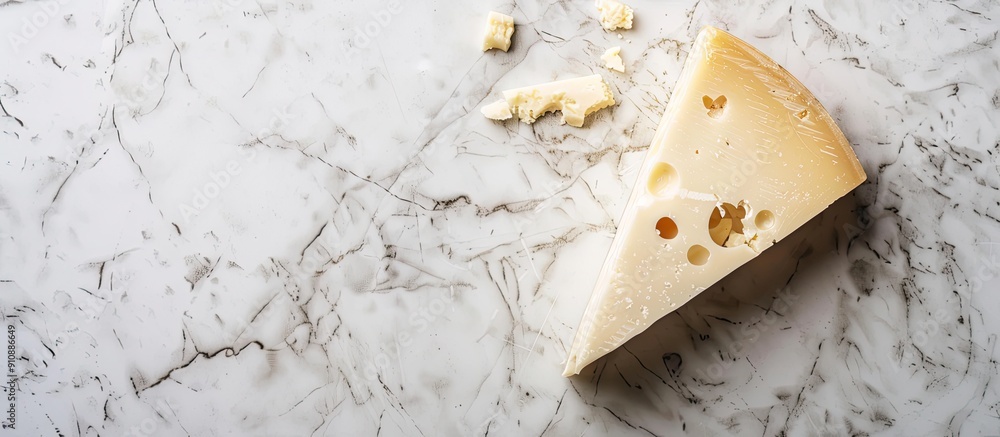 Poster White background with copy space image isolated presents a marble cheese slice