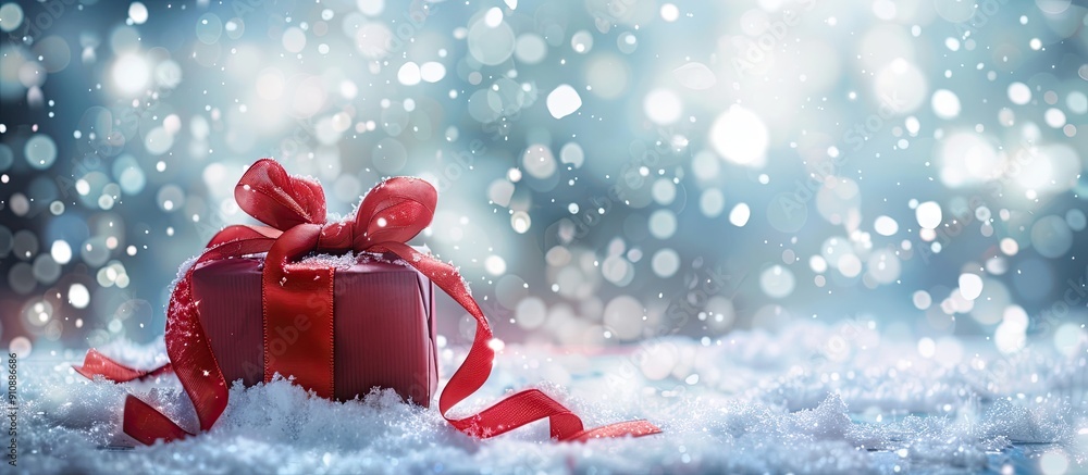 Fototapete winter themed greeting card with a festive ribbon tied gift on a snowy backdrop with a blurry bokeh 
