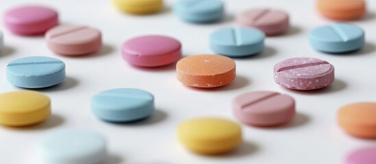 A medication and healthcare concept with a variety of colorful drug tablets placed on a white background for treating symptoms or diseases with focus on specific tablets and room for additional eleme