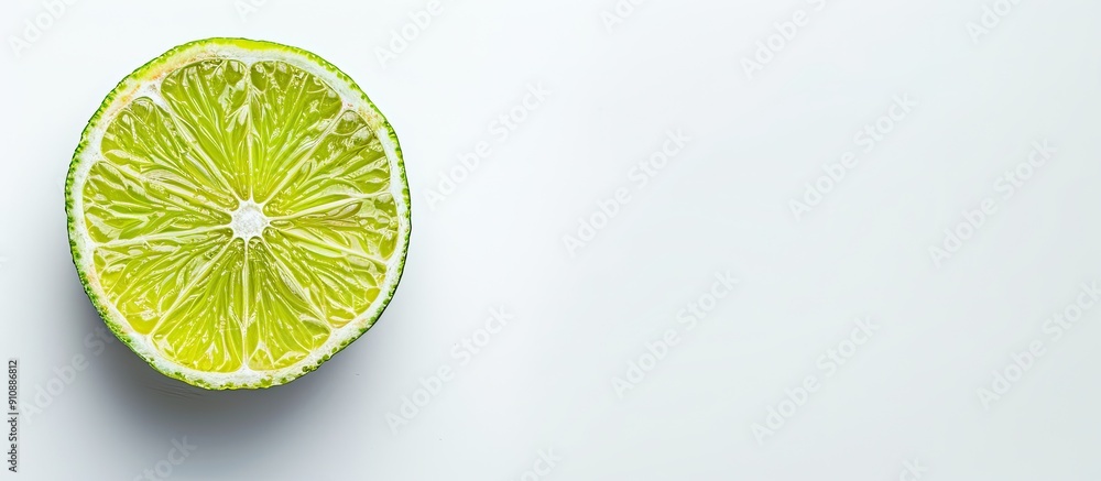 Poster Top view of a lime slice on a white background with ample copy space image for text creating a flat lay pattern