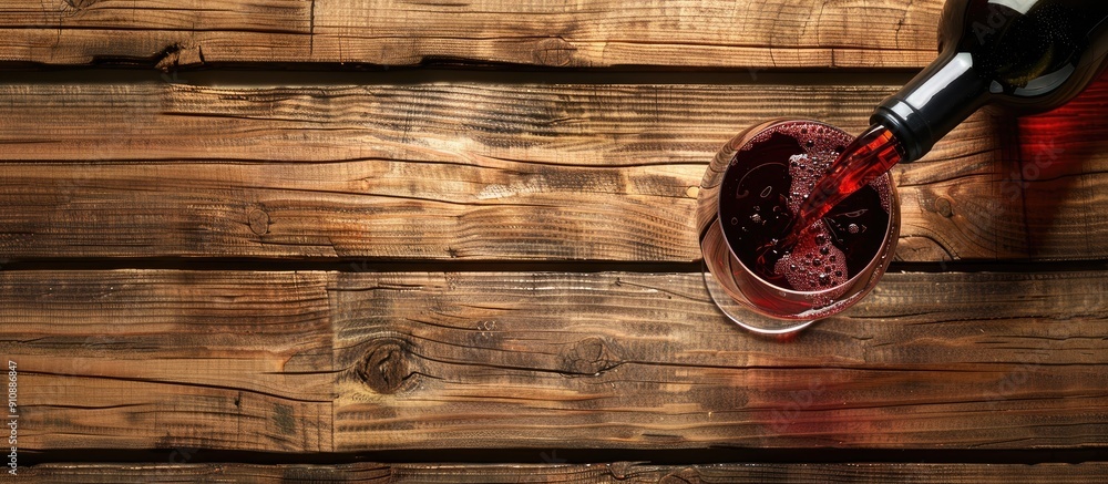 Poster Wine poured into a glass from a bottle on a wooden background with space for text or images. Creative banner. Copyspace image