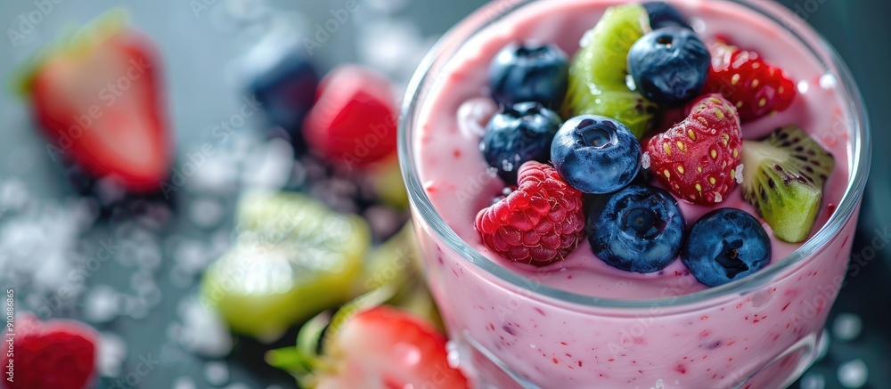 Poster Enjoy a nutritious breakfast featuring strawberry yogurt topped with blueberries kiwi slices and sugar glass set against a background of copy space image