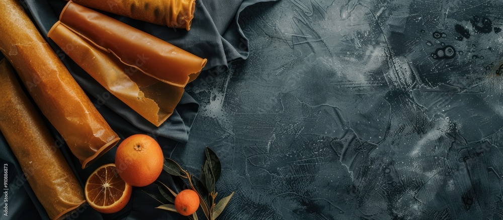 Aufkleber Gray table displaying tasty fruit leather rolls in a flat lay presentation with an open area for adding text within the image. Creative banner. Copyspace image