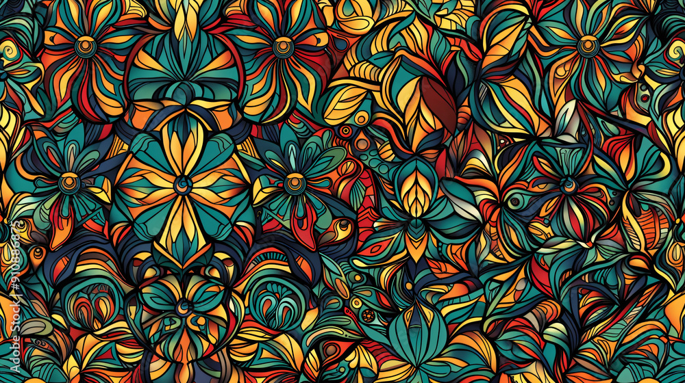 Poster Dynamic and colorful floral seamless pattern, ideal for infusing any project with a sense of playfulness and vitality