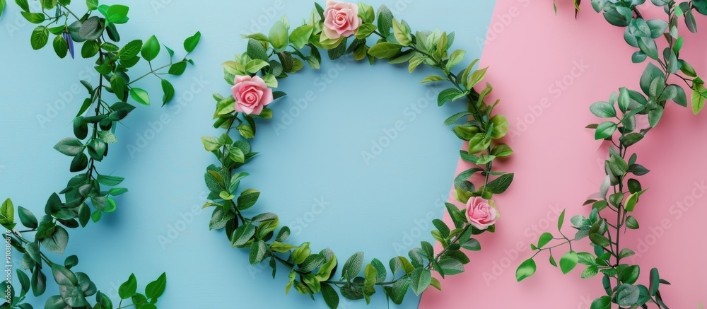 Poster square design template for an invitation or greeting card with a wreath of leaves and flowers from a