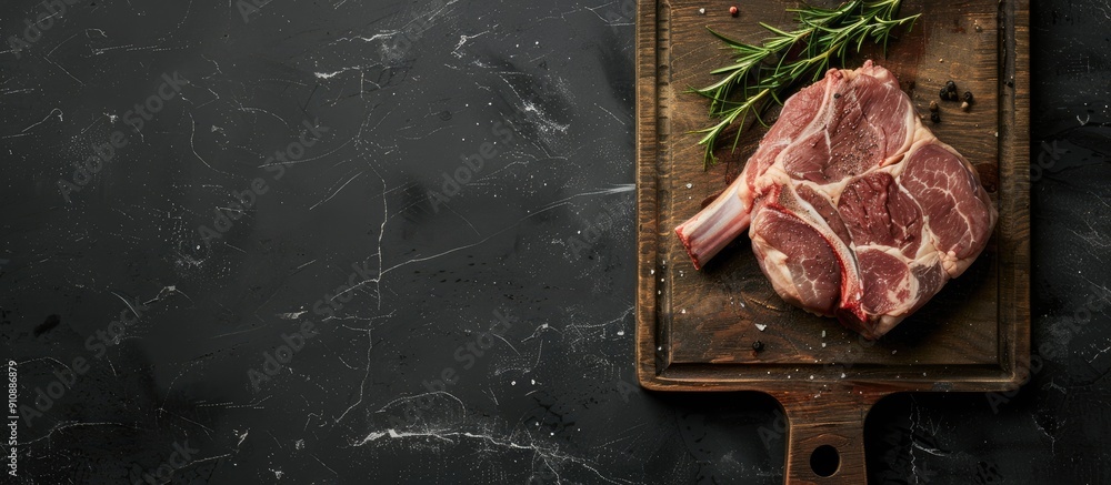 Poster Copy space image of a raw pork knuckle or hoof on a cutting board with feet set against a black background in a top view