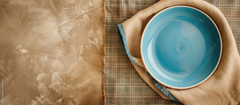 Leinwandbilder top view of an empty blue plate on a tablecloth with a napkin and copy space image for your design