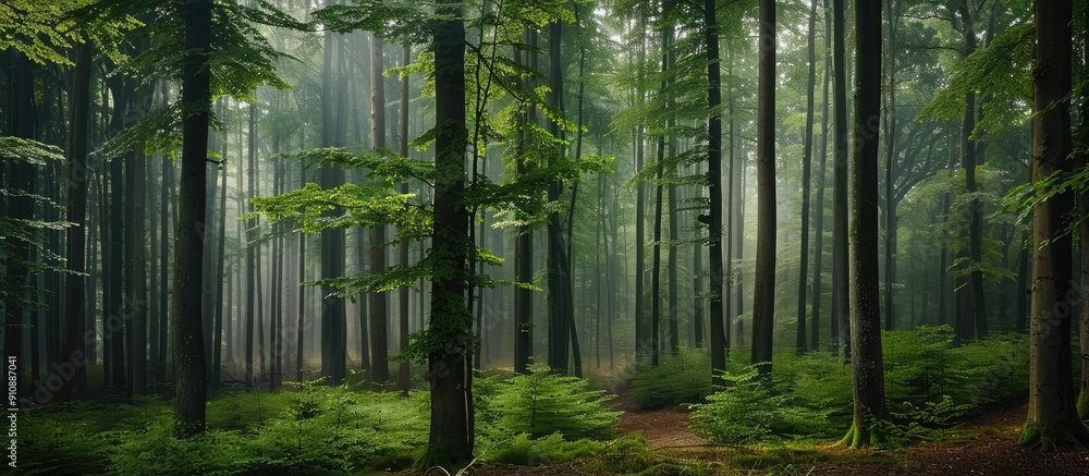 Poster Lush forest filled with beech trees featuring a stunning copy space image