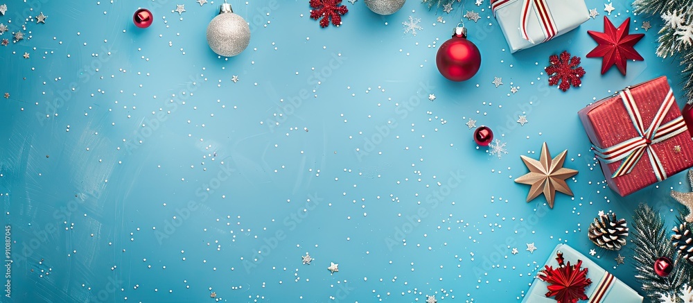 Aufkleber a festive flat lay displays a new year s toy on a blue backdrop with copy space image