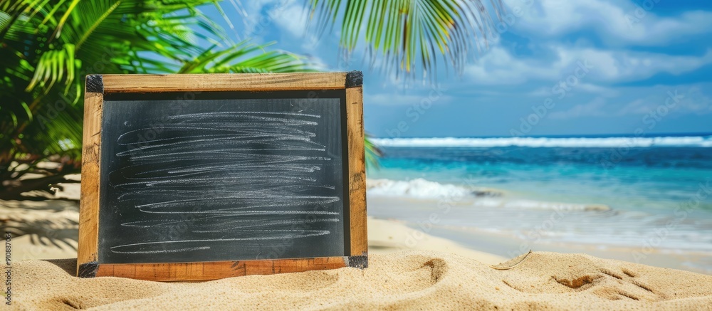 Poster empty chalkboard on the sandy shore with copy space image
