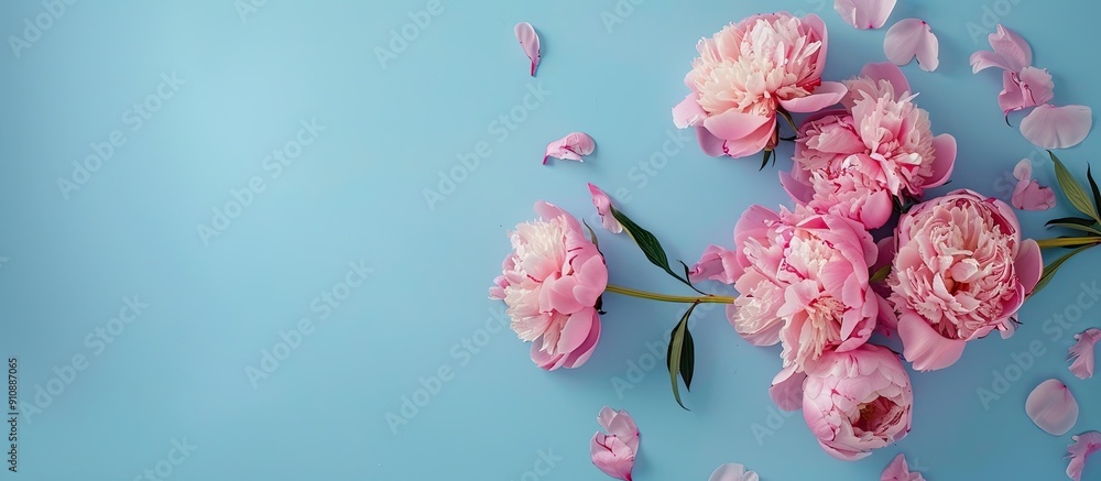 Poster Light blue backdrop with pink peonies creating a flat lay composition with copy space image