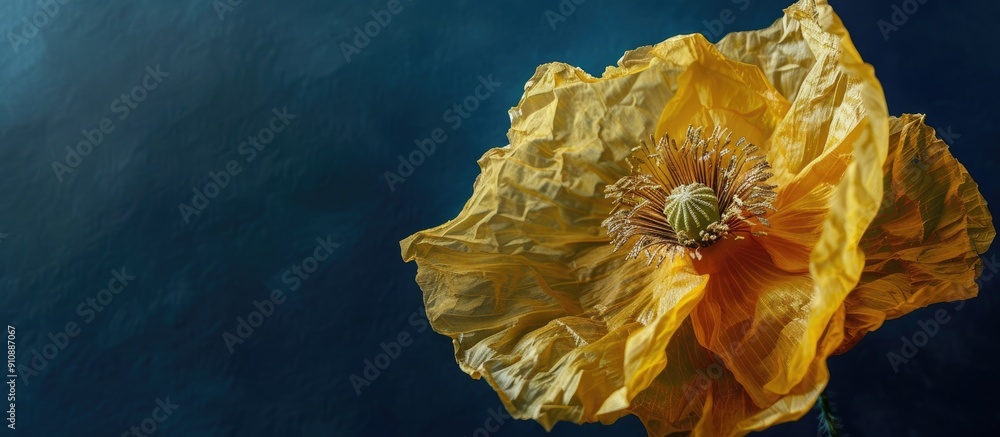Aufkleber macro photo of a vintage painted surrealistic fantasy style poppy blossom in fading yellow fabric ag