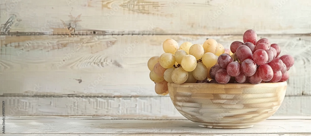 Poster Wooden bowl filled with white and red grapes on a white wood table background with space for copying an image