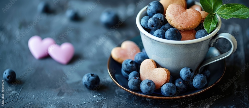 Sticker Valentine s Day gift featuring heart shaped cup filled with blueberries and heart shaped cookies with copy space image