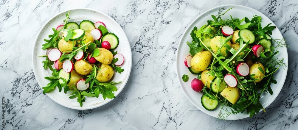 Poster A spring salad with potatoes radishes cucumbers and greens on a marble table Ideal for vegans featuring a recipe concept Top down view with space for images. Creative banner. Copyspace image