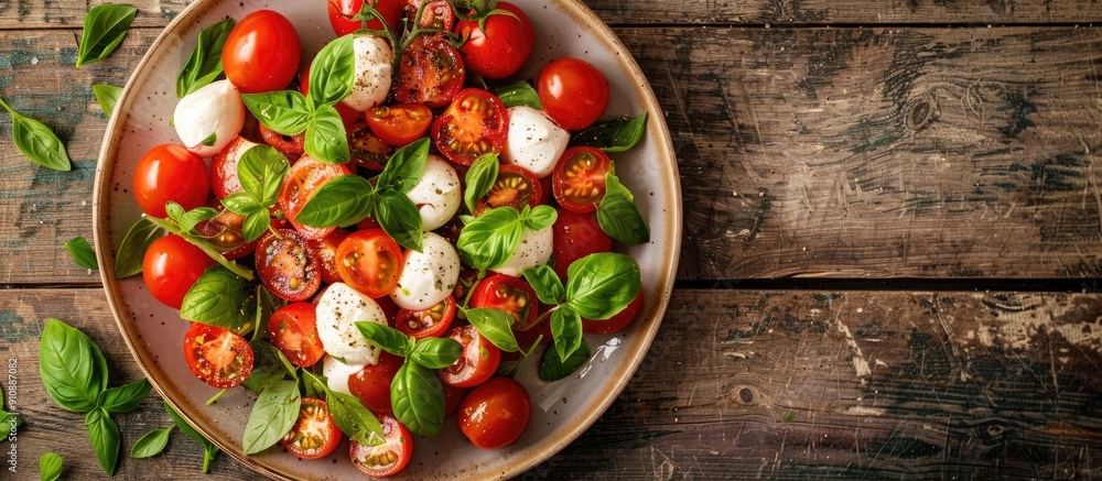 Poster top view of a plate with caprese salad a classic italian dish featuring cherry tomatoes fresh mozzar