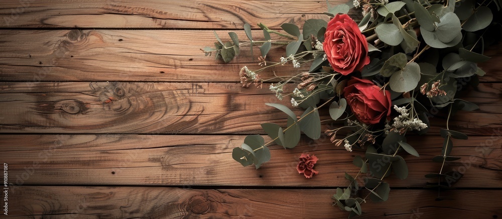 Poster a flower bouquet displayed on a rustic wooden surface with copy space image available