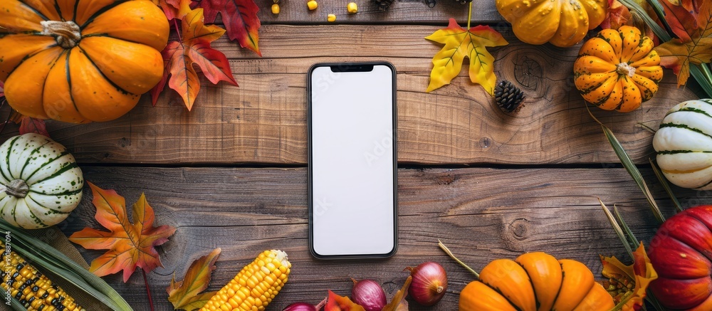 Aufkleber mobile phone with empty white screen surrounded by autumnal vegetables including pumpkins corn and y