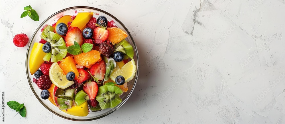 Poster fruit salad displayed in a glass bowl on a white table with copy space image