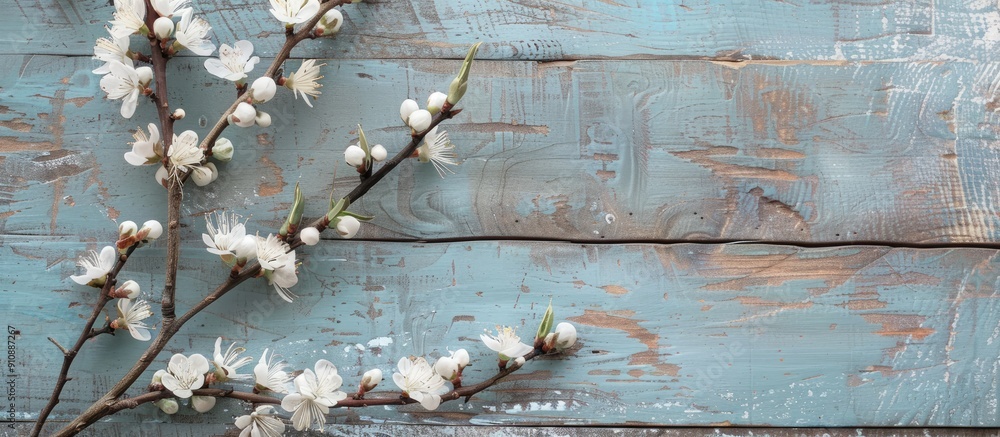 Poster Minimalistic top down view of a willow tree branch with blooming flowers on a rustic wooden surface providing ample space for images or text