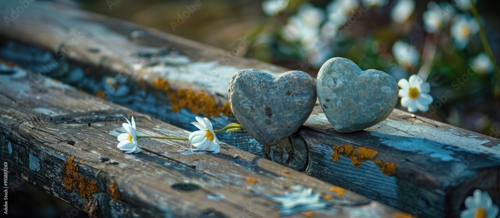 Poster Romantic background with spring flowers two heart shaped stones on an old bench creating a lovely copy space image
