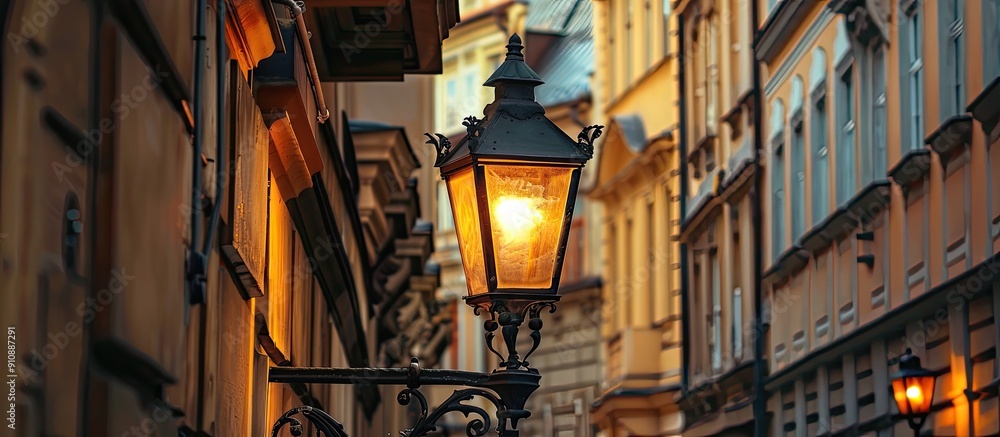 Poster european architecture provides the backdrop for a vintage lamp showcased on the street offering an a