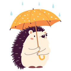 Flat vector illustration in children's style. Cute hedgehog standing in the rain under an umbrella. Vector illustration © Alena