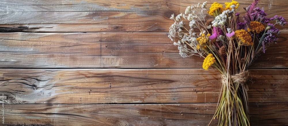 Aufkleber dry flowers arranged beautifully on a napkin against a wooden backdrop with space for adding images.