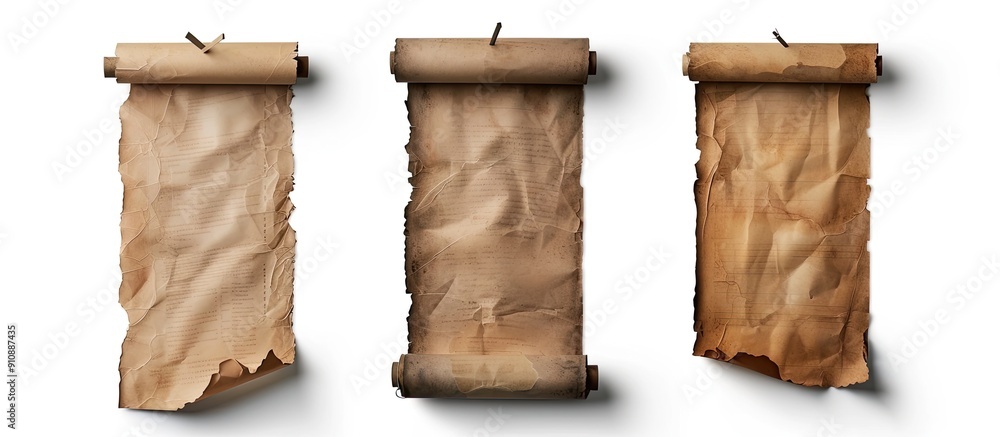 Poster vertical banners set featuring an old parchment paper scroll isolated on white with a shadow allowin