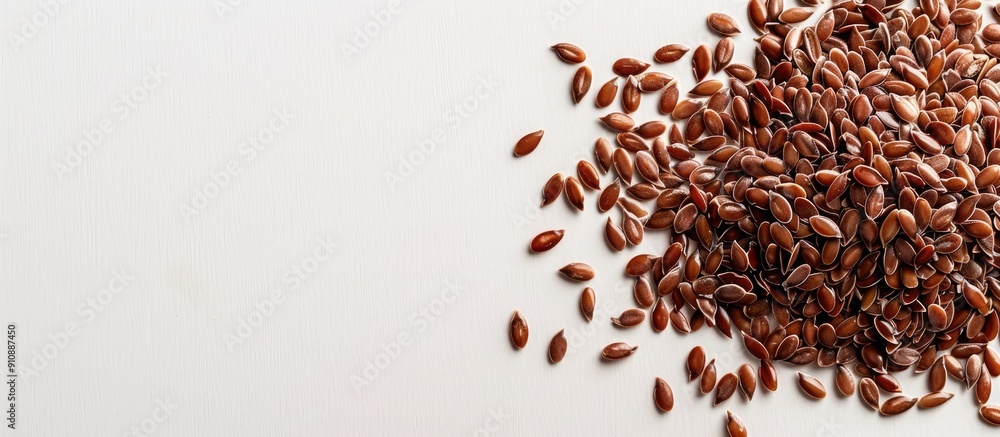 Aufkleber Top view of flax seeds on a white backdrop with room for text in the image. Creative banner. Copyspace image