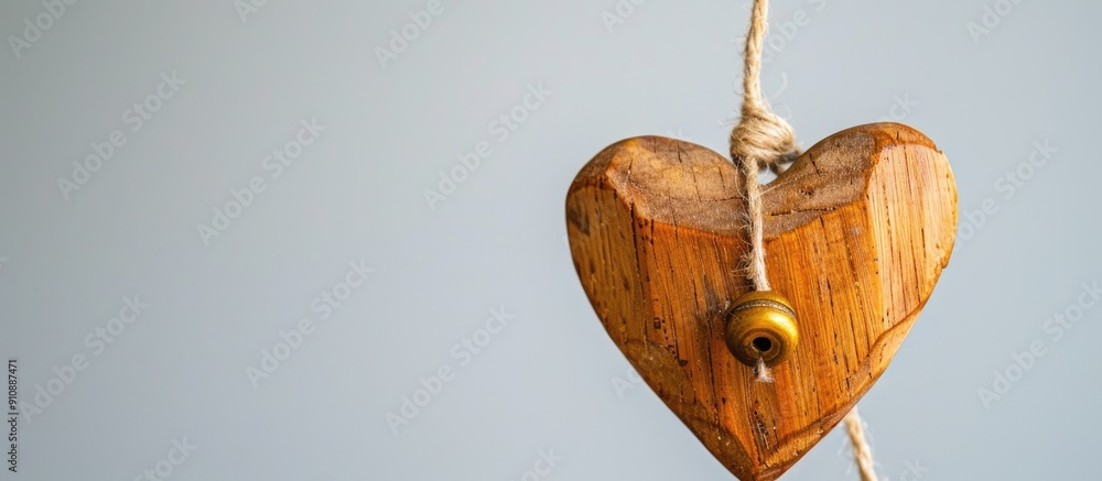 Poster Wooden bark heart hanging on a string with a small brass bell in the center against a plain background in a copy space image