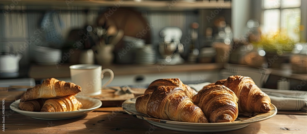 Aufkleber in the kitchen there is a plate with freshly baked croissants creating a cozy scene with a rustic fe