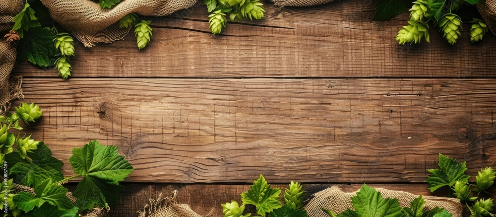 Poster Rustic wooden surface with hops and sackcloth on it ideal for product display with copy space image