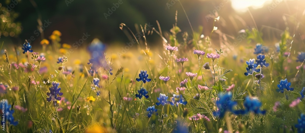 Poster field of wildflowers featuring bluebonnets with space for adding images. creative banner. copyspace 