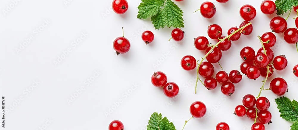 Poster Red currant berry with leaf isolated on a white background offering a suitable copy space image Presented from a top view creating a flat lay pattern