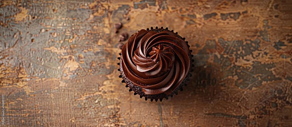 Aufkleber rustic top view of a chocolate cupcake on a table with copy space image for a delightful meal or sna