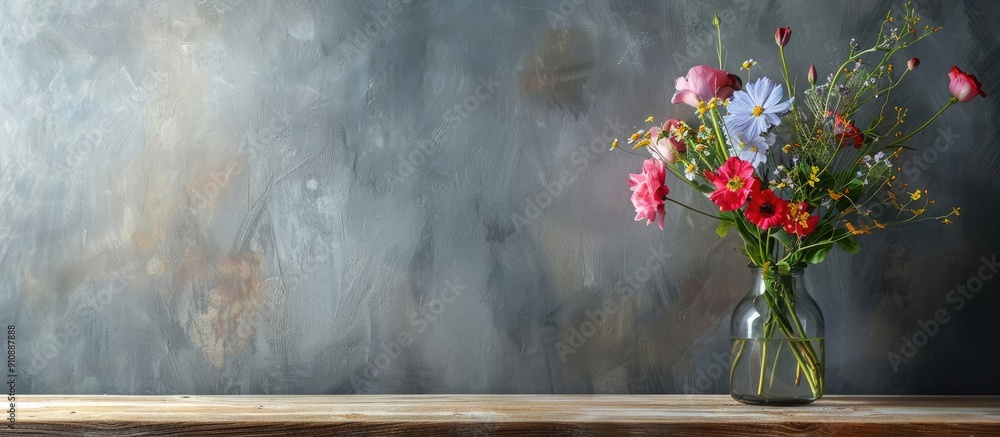 Poster Lovely arrangement of fresh flowers displayed on a wooden table against a grey wall with a designated space for inserting text like a copy space image