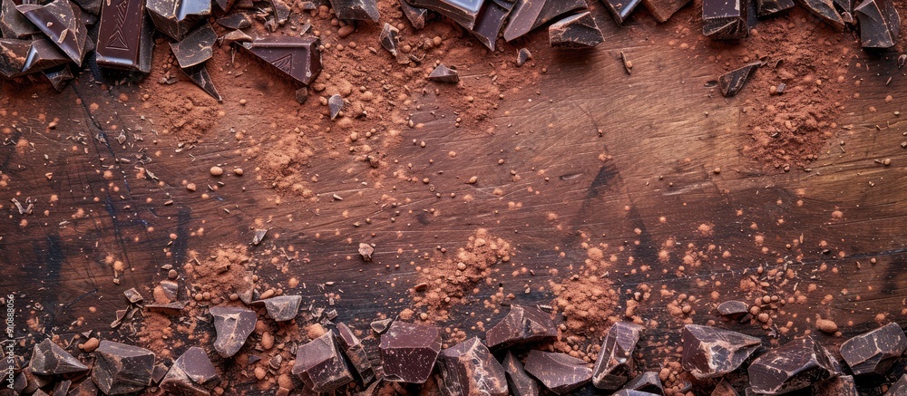 Aufkleber An image of shattered chocolate bits and cocoa powder on a wooden surface seen from above with a blank area for additional content in the frame