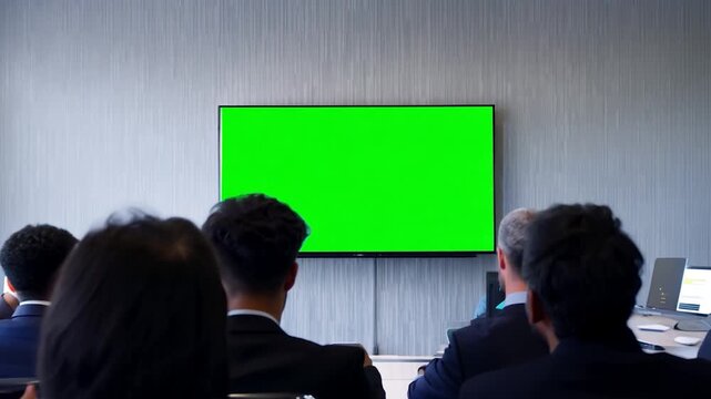 Attendees are focused on a large green screen in a modern meeting room, eagerly anticipating the start of a presentation